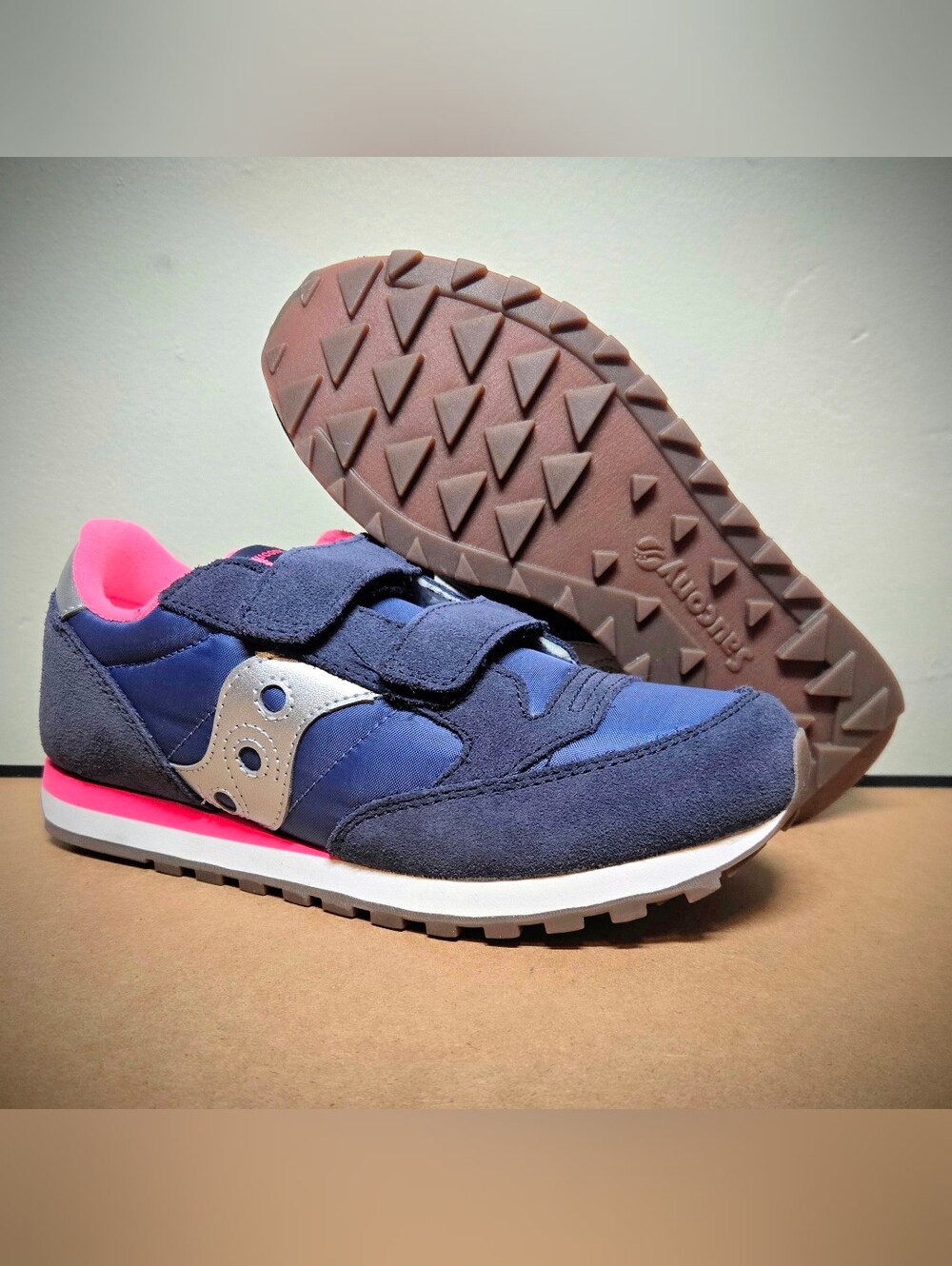 NEW Saucony Jazz Double HL Youth 3 Navy Silver Pink Kids Shoes Sneakers